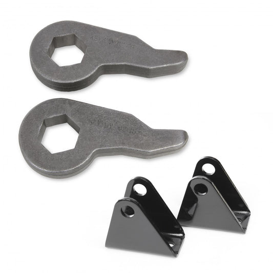 Two silver torsion bar keys and two black mounting brackets from the Cognito Economy Leveling Kit For 01-10 Silverado/Sierra 2500/3500 2WD/4WD by Cognito Motorsports are displayed against a white background. The torsion keys have a hexagonal opening and lever-like shape, ideal for front lift adjustments, while the brackets feature a triangular form with circular holes for mounting.