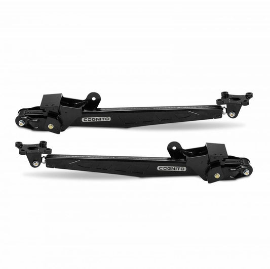 Two black Cognito SM Series LDG Traction Bar Kits for 20-24 Silverado/Sierra 2500/3500 2WD/4WD with 0-4.0-Inch rear lift height are arranged parallel to each other against a white background. They feature the Cognito Motorsports logo in silver and have mounting brackets and hardware attached. The bars have a rugged design with multiple angled surfaces, enhancing performance and reducing axle wrap.