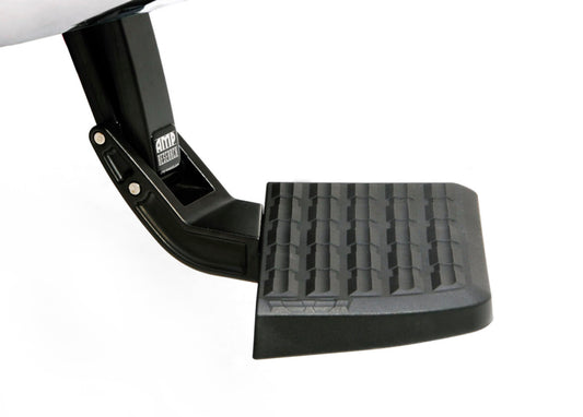 The AMP Research 20-24 Chevrolet Silverado 2500/3500 BedStep - Black features a textured surface and a sturdy metal bracket, making vehicle access and cargo loading easy and efficient.