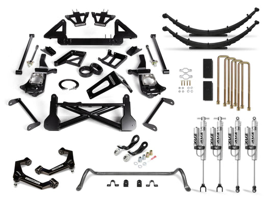 A flat lay photo of various off-road vehicle suspension components, including Upper Control Arms, shock absorbers, a sway bar, leaf springs, U-bolts, and mounting hardware. The parts are arranged neatly on a white background, showcasing elements of the Cognito Motorsports 10-Inch Performance Lift Kit with Fox PSRR 2.0 Shocks for 2011-2019 Silverado/Sierra 2500/3500 2WD/4WD.