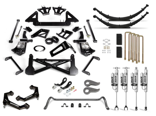 A selection of car suspension parts, including components from Cognito Motorsports, showcasing their 12-Inch Performance Lift Kit with Fox PSRR 2.0 Shocks compatible with the 2011-2019 Silverado/Sierra 2500/3500 models (2WD/4WD). This kit features Ball Joint Upper Control Arms, shock absorbers, leaf springs, brackets, U-bolts, and various metal components all displayed on a white background.