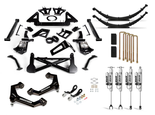 A complete Cognito 10-Inch Performance Lift Kit with Fox PSRR 2.0 Shocks for 20-24 Silverado/Sierra 2500/3500 2WD/4WD, featuring Cognito Motorsports' Ball Joint SM Series Upper Control Arms, black metal control arms, leaf springs, shocks with silver bodies and black accents, U-bolts, brackets, and various other mounting hardware. Everything is organized against a white background.