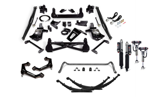 A collection of various black metal automotive parts and components are arranged on a white background, including shock absorbers, leaf springs, brackets, bolts, nuts, Ball Joint Upper Control Arms, and other suspension system parts suitable for vehicle lift or suspension modification. Featured prominently is the 7-Inch Elite Lift Kit with Elka 2.5 Shocks by Cognito Motorsports for the 2011-2019 Silverado/Sierra 2500/3500 in both 2WD and 4WD configurations.