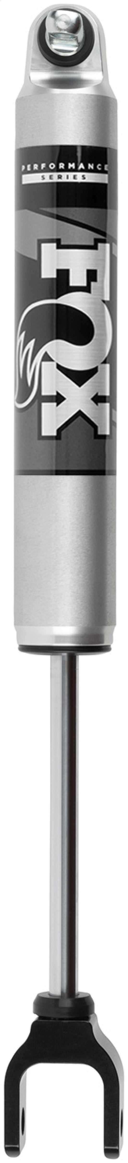 A detailed view of the Fox 20+ GM 2500/3500 HD 2.0 Performance Series IFP Front Shock, showcasing its silver finish with aluminum bodies and a sleek black and gray design that prominently features the FOX logo. The top section is cylindrical, tapering down to a rod with a U-shaped fork at the bottom, engineered for off-road capability and performance-focused shock valving.