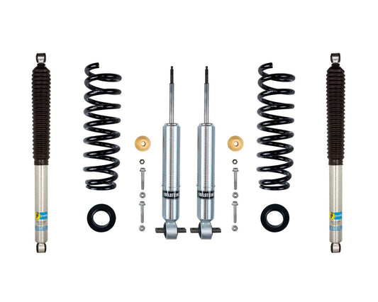 The LTW Motorsports 09-13 Ford F-150 4WD Leveling Kit features a suspension kit with Bilstein 6112 struts and 5100 shocks, including two silver shock absorbers, two black coil springs, and various small components like nuts, bolts, and rubber bushings. These are neatly arranged on a white background for an ideal setup for off-road performance with extended length struts.