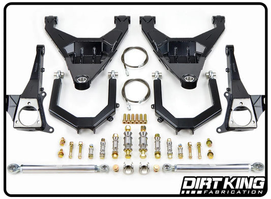 A laid-out assembly of vehicle suspension components including black upper control arms, lower control arms, sway bar end links, hardware, and connecting rods. This off-road suspension setup is arranged on a white background with the "DIRT KING" logo in the bottom right corner. The product shown is the 07-18 GM 1500 Race Long Travel Kit.