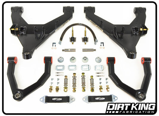 An image displays the 09-14 Ford F-150 Long Travel Kit, a set of upper and lower control arms for a vehicle's suspension system from DIRT KING. Various hardware components, including bolts and nuts, are arranged neatly. The "DIRT KING" branding is visible in the lower right corner, enhancing your off-road handling.