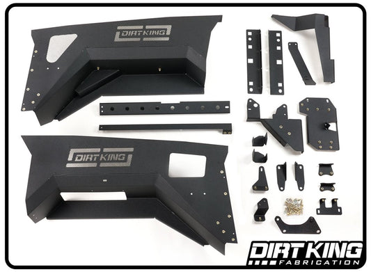 A collection of black off-road vehicle parts is laid out on a white background, including panels, brackets, screws, and various metal components. Two large panels feature the "DIRT KING" logo. Designed for bolt-on application, these parts are suitable for long travel suspension setups. The "DIRT KING FABRICATION" logo is displayed at the bottom right of the image. The product featured is the 14-18 GM 1500 Oversized Front Wheel Wells by DIRT KING.
