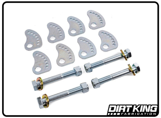 The 99-18 GM 1500 Upper Arm Alignment Cams from DIRT KING for off-roading feature eight silver brackets with multiple holes and four 10.9 bolts with washers and nuts, all displayed against a plain white background within a black-bordered frame.