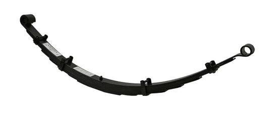 The Deaver Spring Chevy/GMC 1500 1999-2019 2wd/4wd – 3 Inch Lift Rear Off Road Springs (Pair) showcases a black, curved design with diamond-cut ends and multiple metal layers, complete with circular eyelets at both ends, enhancing off-road performance in vehicle suspension systems. The product is displayed on a white background.