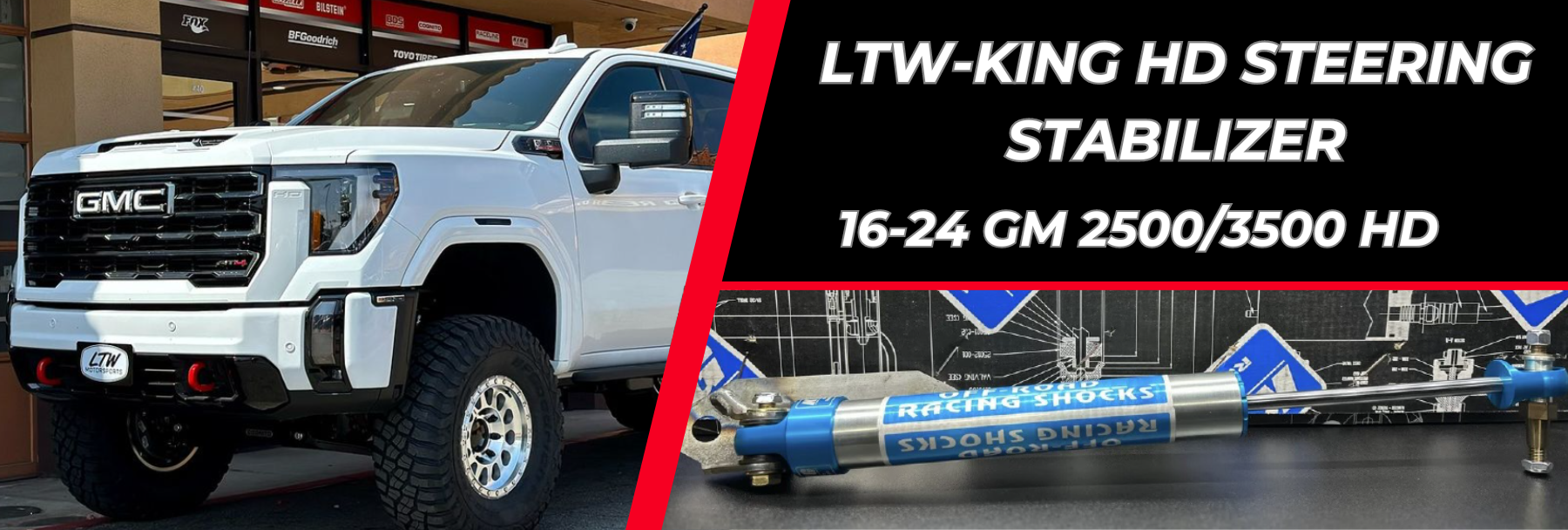 A white GMC truck is parked in front of a store. To the right, text reads "LTW-King HD Steering Stabilizer 16-24 GM 2500/3500 HD" with an image below it of a blue and silver steering stabilizer part labeled "DFIKON RACING SHOCKS.